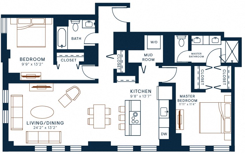 Floor plan for 2 beds, 2 baths, 1325 sqft